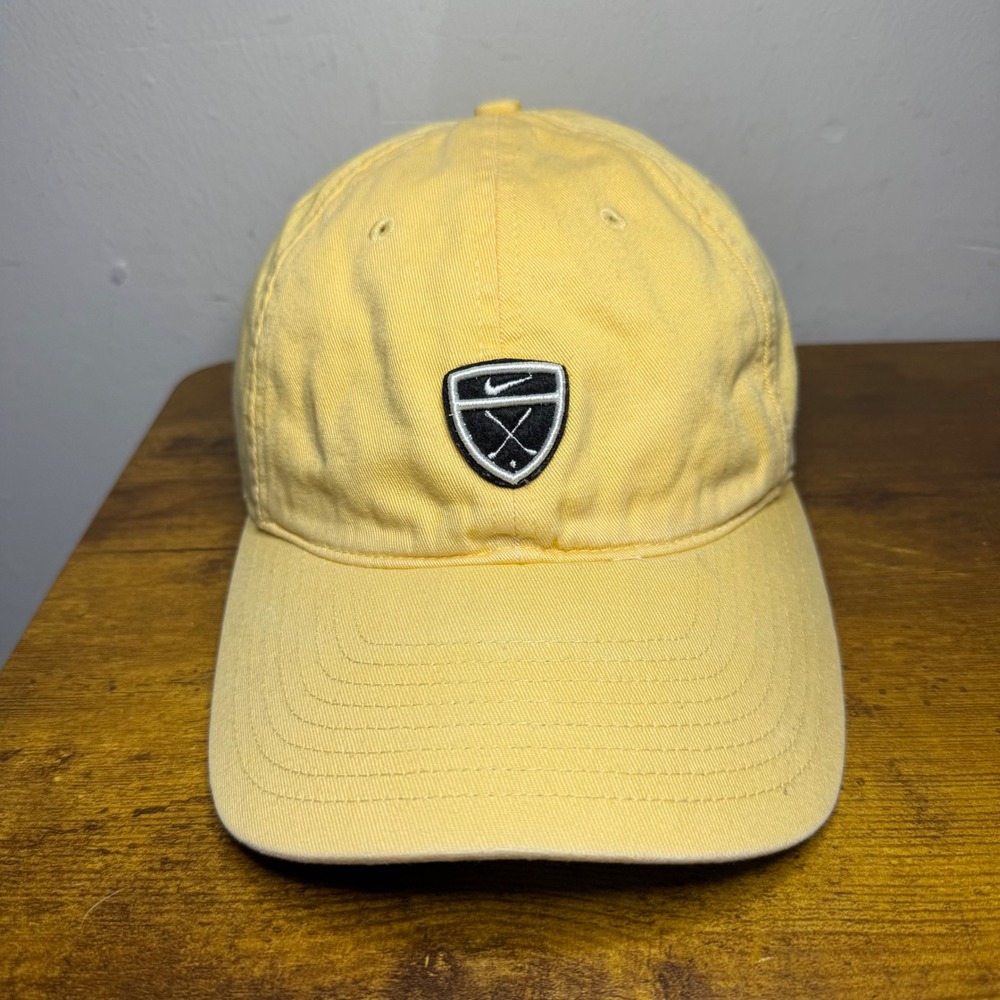 VTG Nike Golf Hat Mens Yellow Adjustable Strapback Swoosh Shield Logo Cap